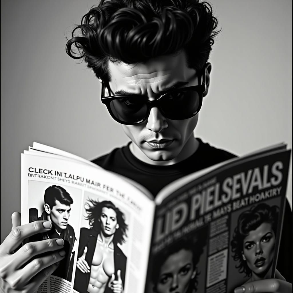 <lora:PopArt Portraits FL:1.0> A close-up of someone in oversized sunglasses and a graphic T-shirt, flipping through gossip magazines with...