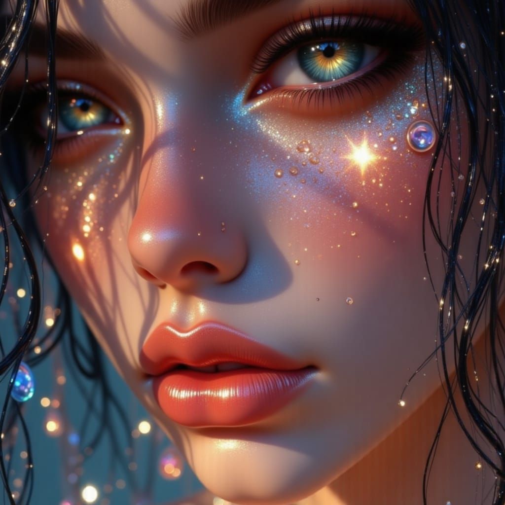 digital painting of a close-up girl's face with wet dewy skin, {luminescent tear drops}, {reflective pearl detail}, glossy lips, emotional a...