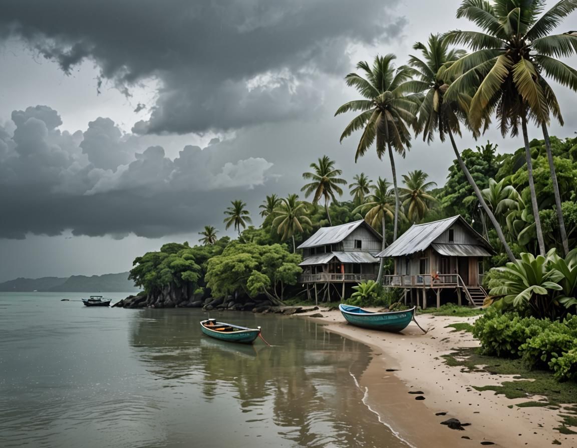 Rainy morning on a tropical island. Grey sky. Warm. A boat near shore ...