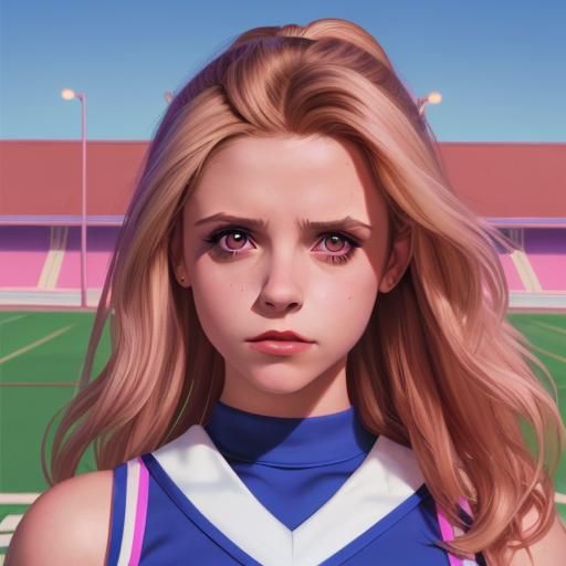 Portrait of Buffy the Vampire Slayer in cheerleader uniform, with sunnydale high school in the background. Painted in Hy...