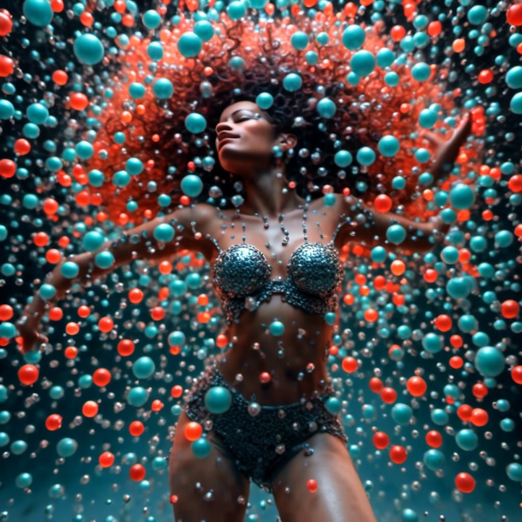 <lora:Spheres:1.0> A woman dancing in the rain, extremely large bosom, Professional photography, bokeh, natural lighting, canon lens, shot o...
