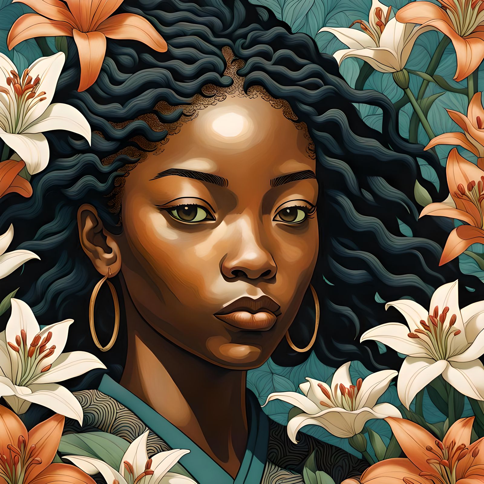 close-up, black woman holding and surrounded by lilys, Ukiyo-e, dynamic lighting, Amanda Sage, soft