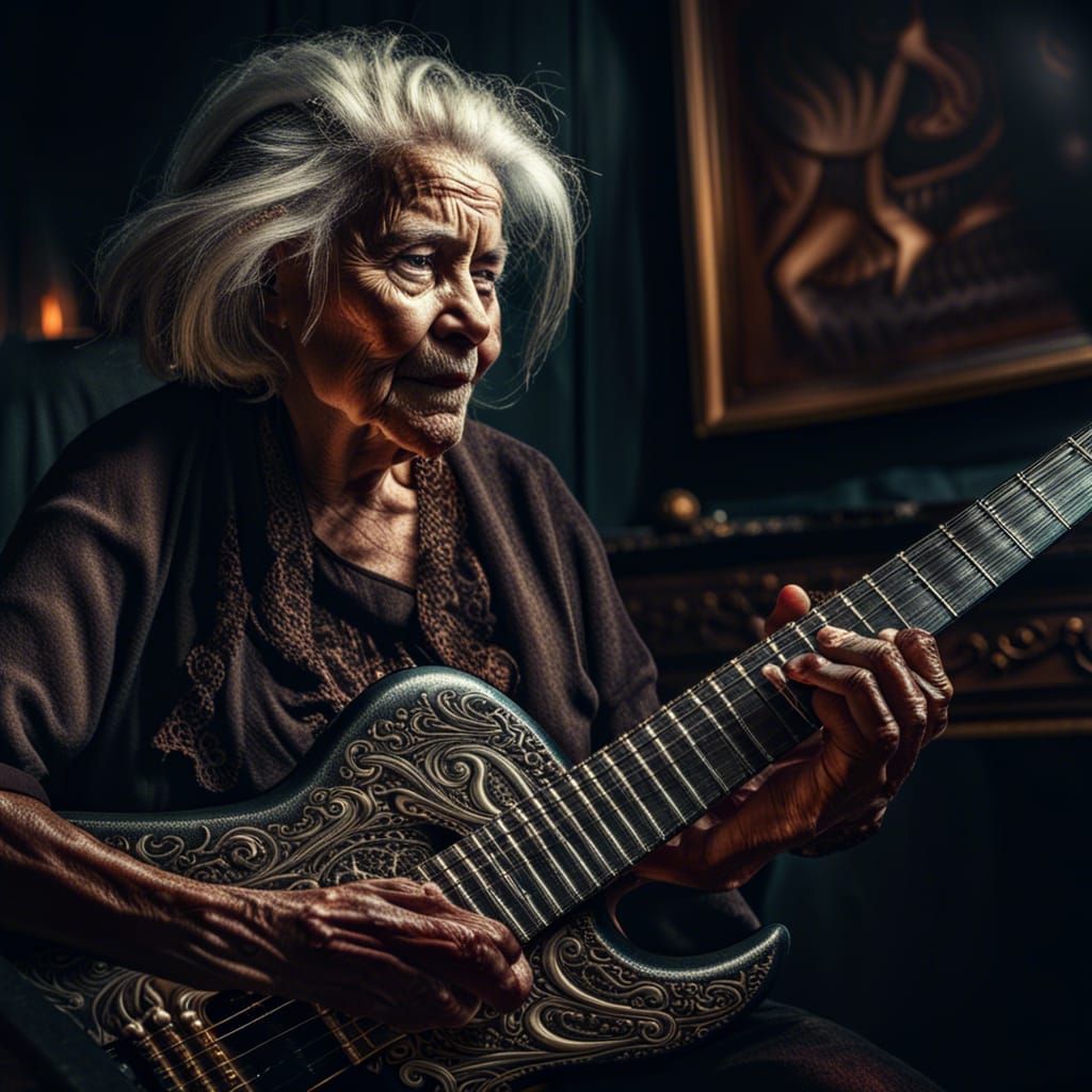 Old woman playing death metal on guitar