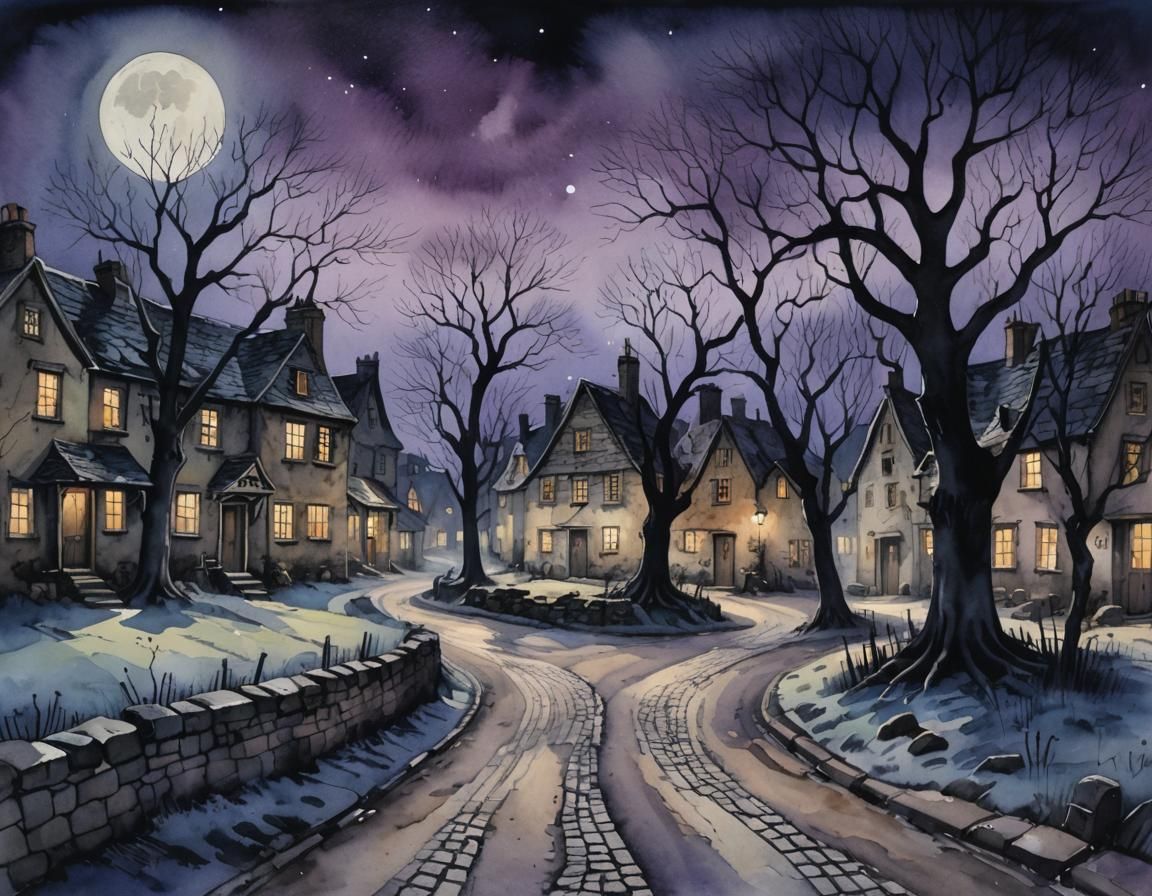 a deserted village at night
