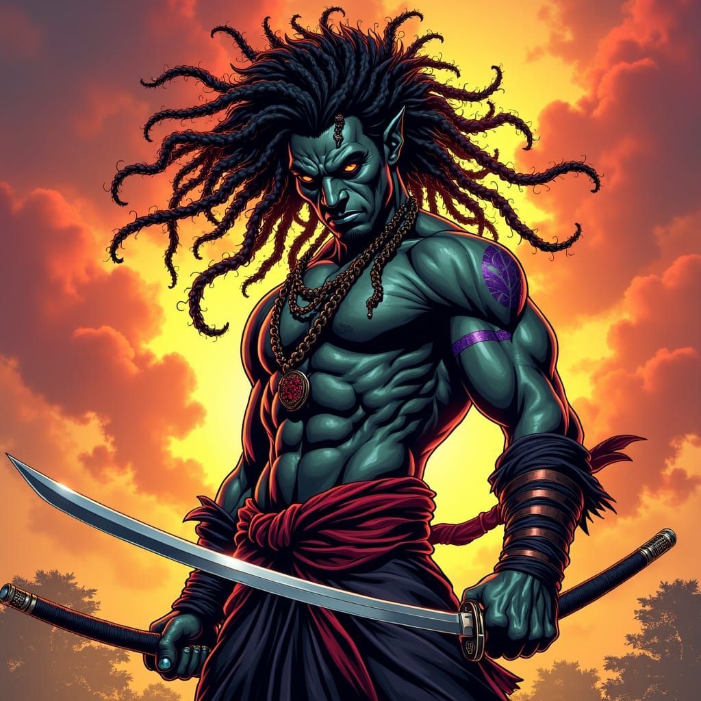 handsome Male Tiefling with afro dreadlocks, dual wielding katanas
