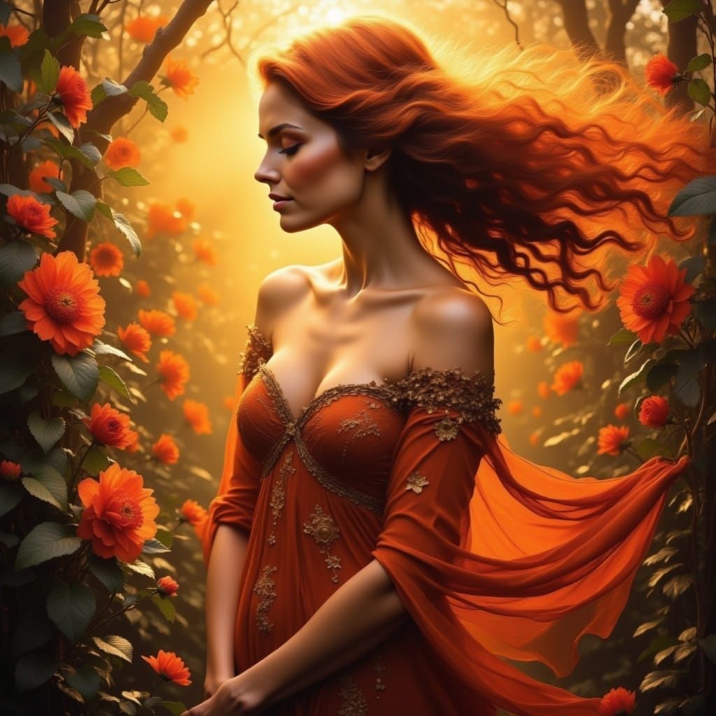 Vibrant spice-hued woman, wrapped in lush green vines and radiant floral patterns, administering a gentle touch to ignite the explosion of c...