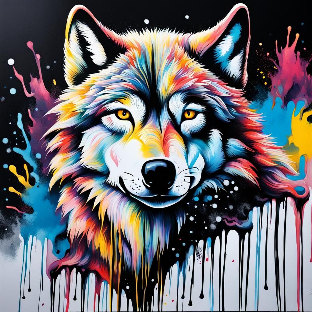frozen wolf with snow with bits surronding the outside in black room  graffiti art, splash art, street art, spray paint,...