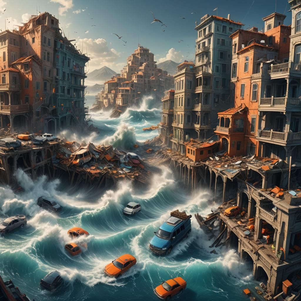 Earthquake Devastation: Buildings Collapsing into the Sea