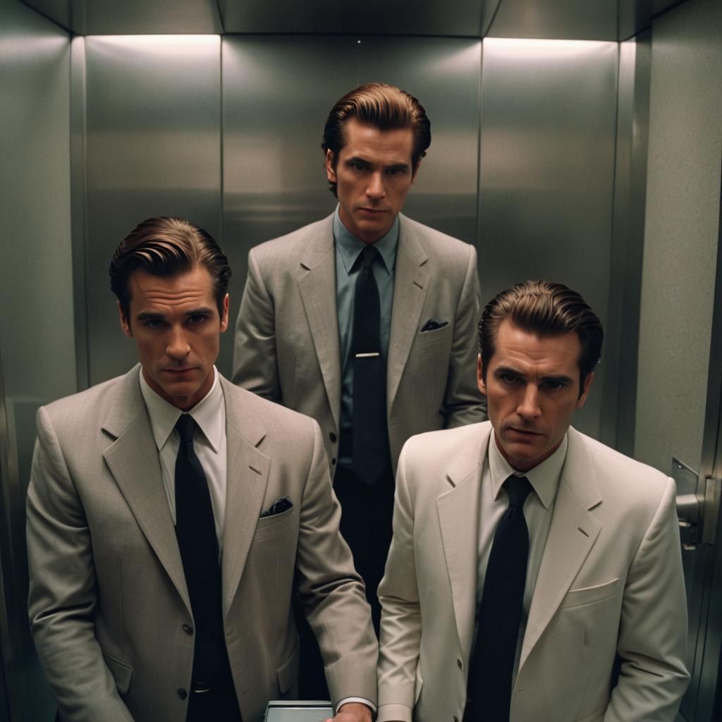 Patrick Bateman and Tyler Darden in an Elevator from the perspective of a ring camera