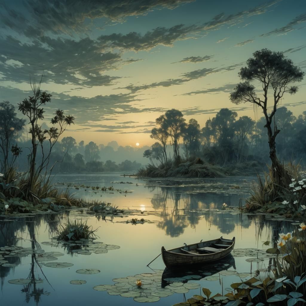 Sunrise over a quiet lake