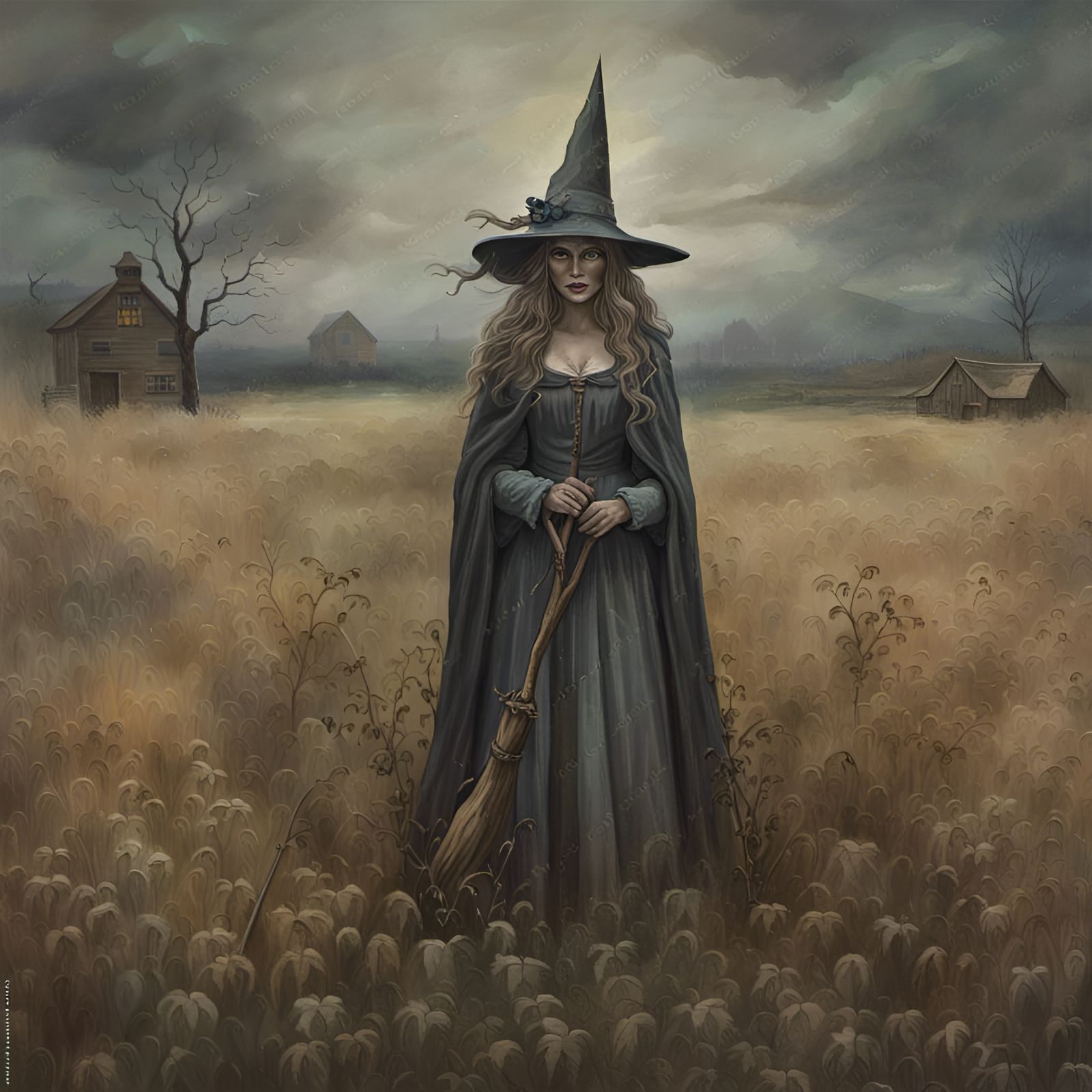 Primitive Vintage style oil painting of witch in costume standing in a ...