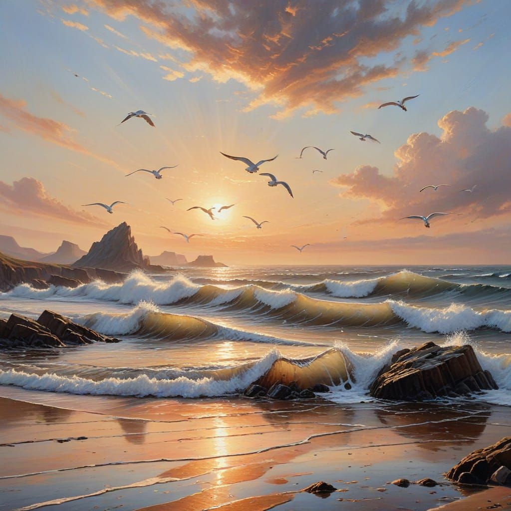 Coastal Scene Oil Painting in Golden Hour