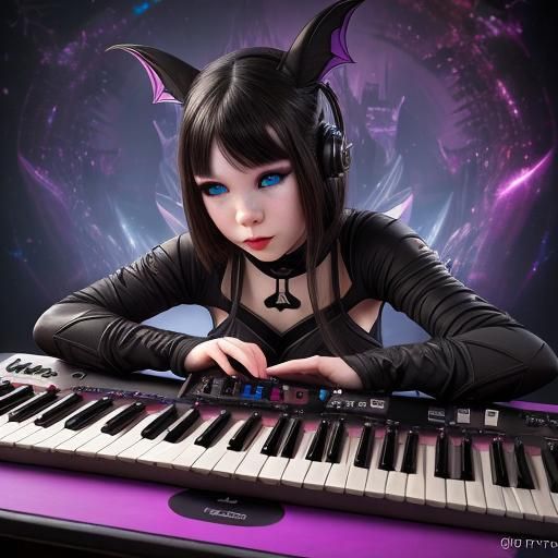 Bat girl creating a masterpiece using her Tera Pro synthesizer, perfectly rendered surrealism