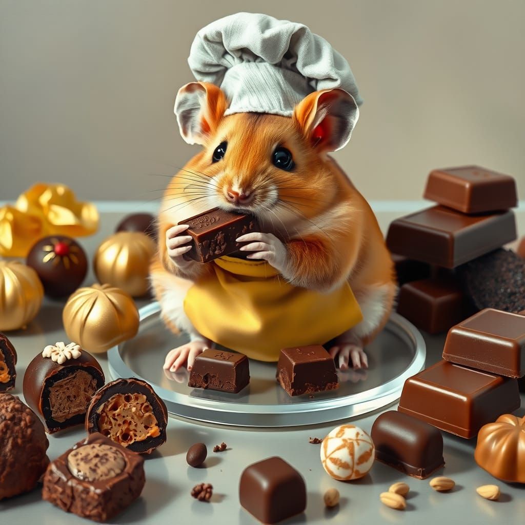 Hamster Savoring Rich Chocolate in Miniature Chef's Hat
