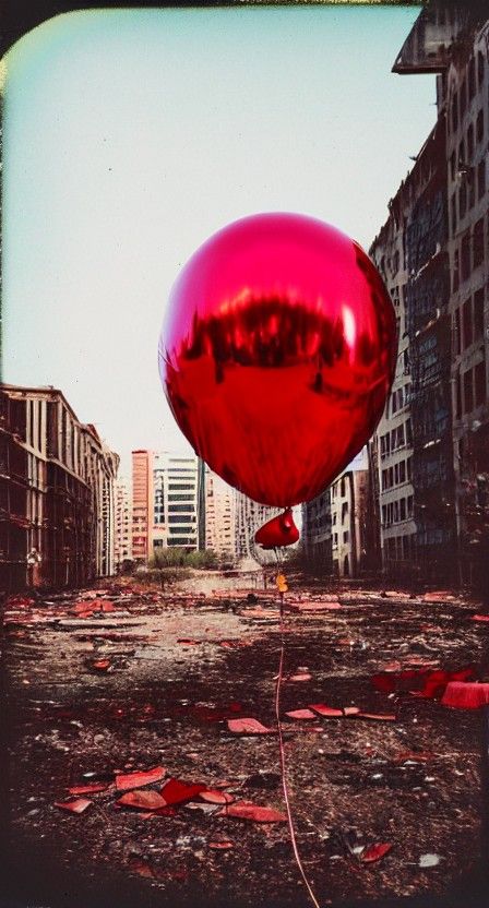 Polaroid of shiny metallic red balloon floating through an abandoned city