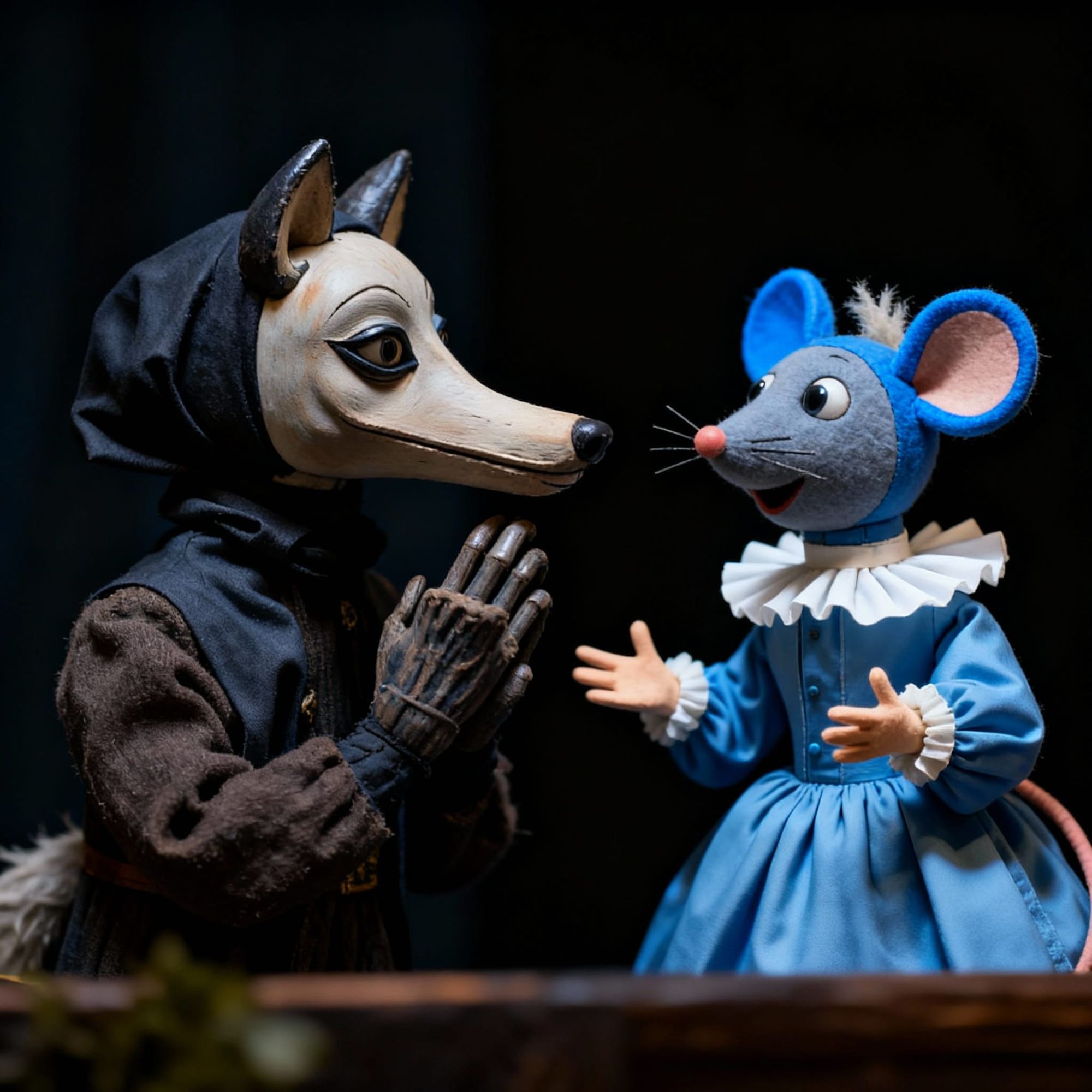The wolf says "Would you like to come over for mouse-pie?", the mouse replies "Oh no thank you!"