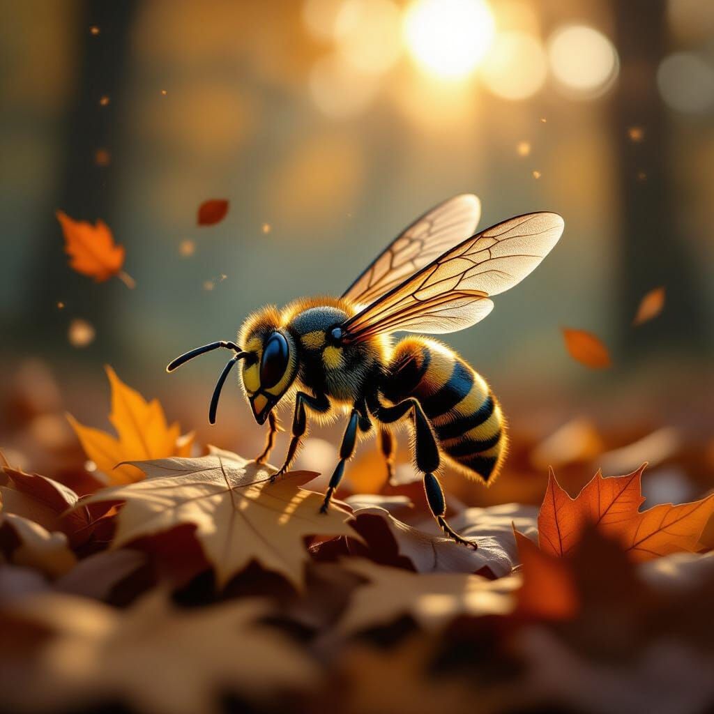 Detailed illustration. A solitary hornet with intricate wing patterns and a metallic sheen, hovering amidst a cascade of autumn leaves in a ...