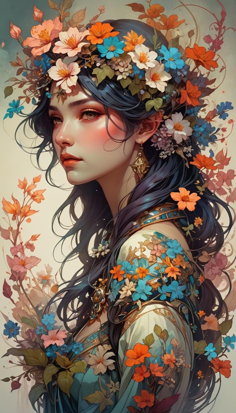 Fantasy_goddess_of_flowers_fantasy illustration_detailed painting_and_deep color_Android Jones_Jean Baptiste Monge_Alber...