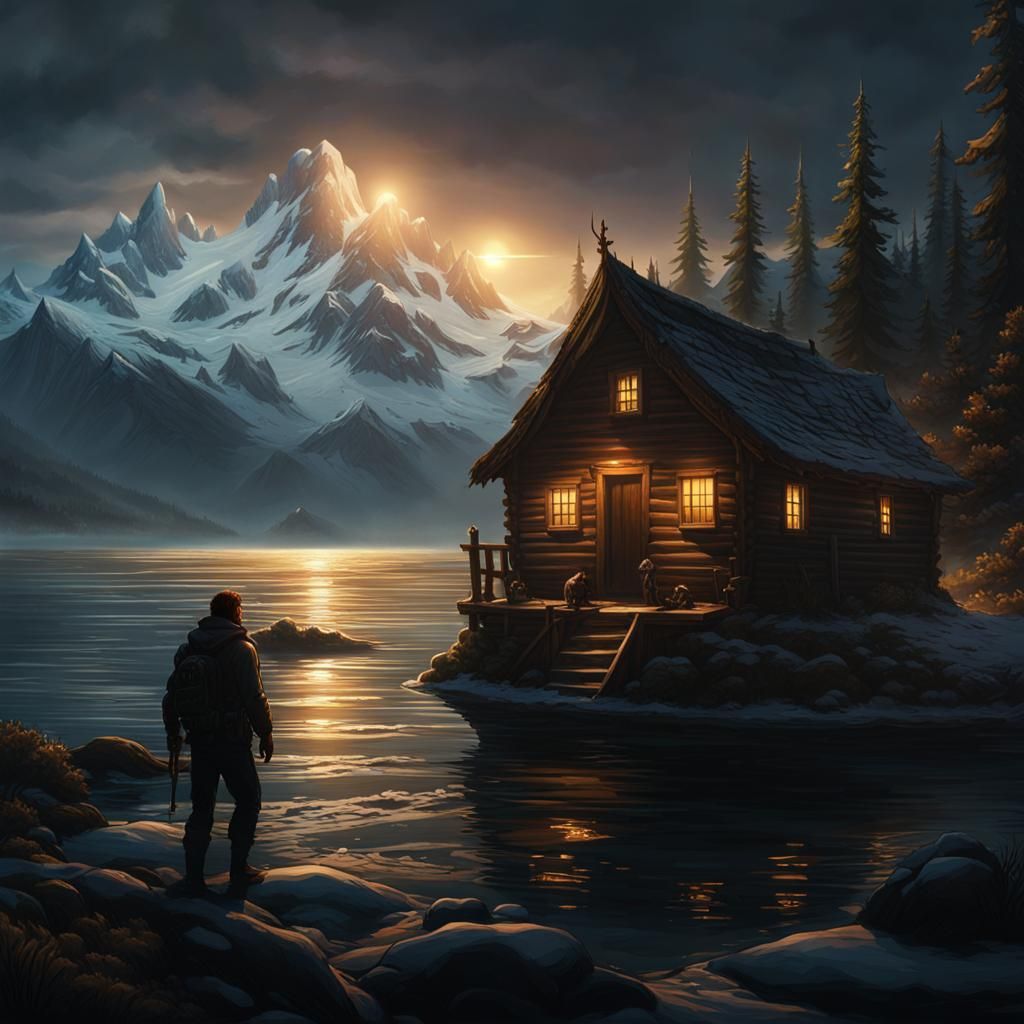 Huge sea monster is lurking under the lake while a man walks by in the night. Nearby is a wooden cabin with light stream...