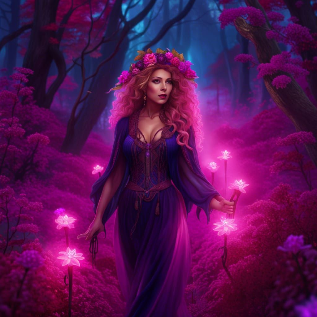 Attractive Witch Walks Down The Magenta Glowing Path In The Mystic