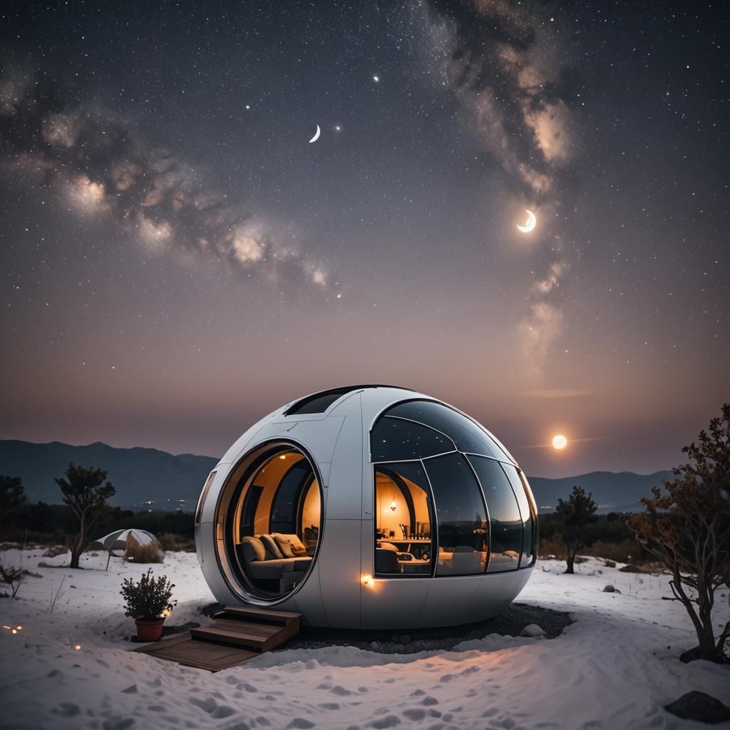 A specious but outerspace cozy living pod with a view of the moon