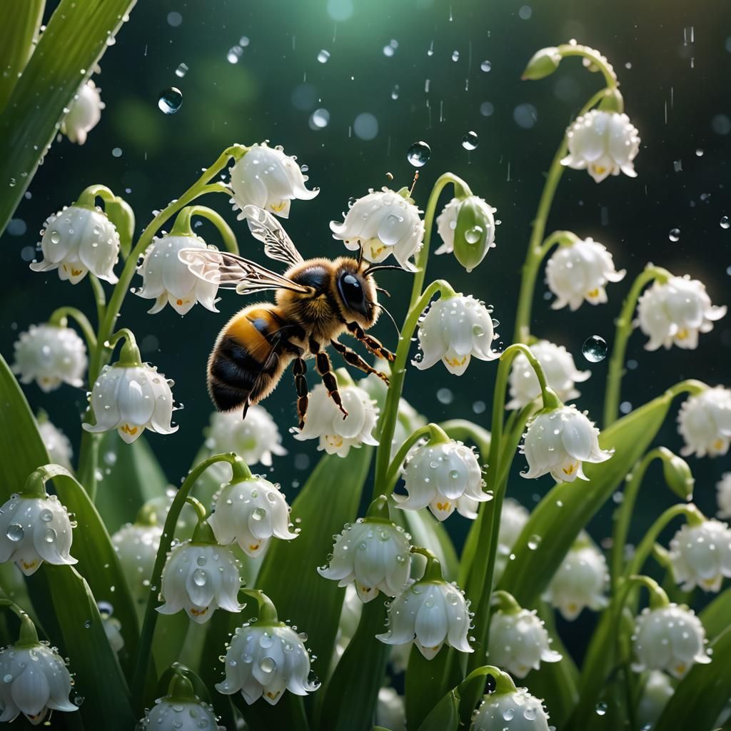 a bee in the midst of lilies of the valley with dew droplets in the early morning   by @Hummingbee