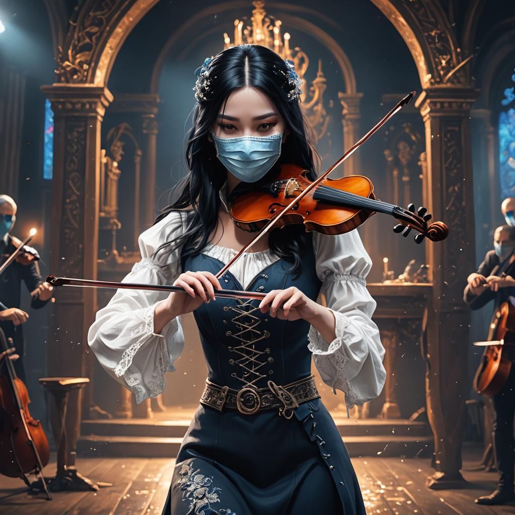 A beautiful girl with black hair with blue eyes covered her face covered in a mask, playing the violin on stage. His nic...