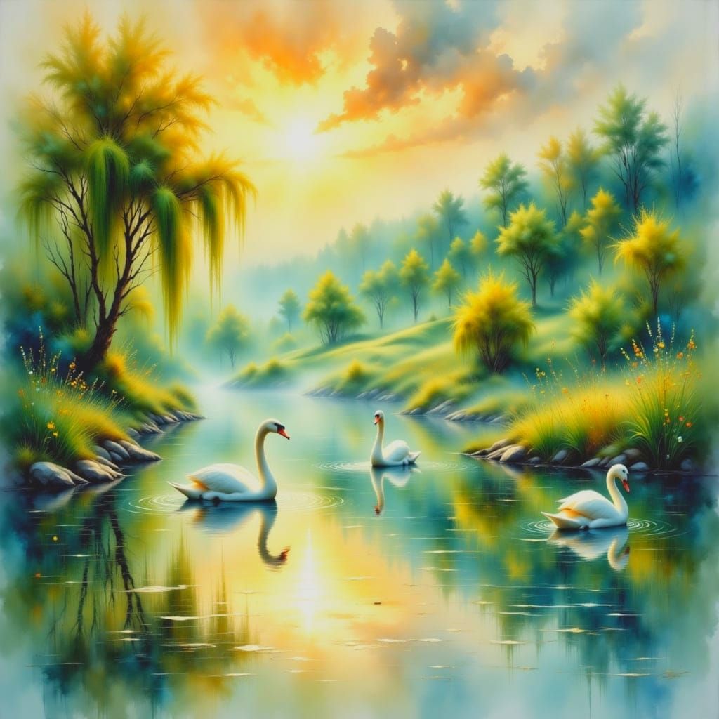 Mystical Watercolor Landscape with Swans at Golden Hour