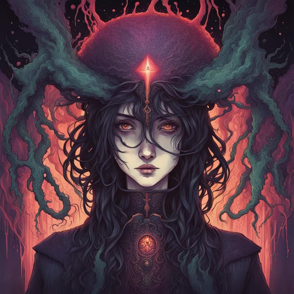 Dark  Esoteric occult mythological imagery horror Eldritch intricately detailed deep color mysterious ominous symbolic i...