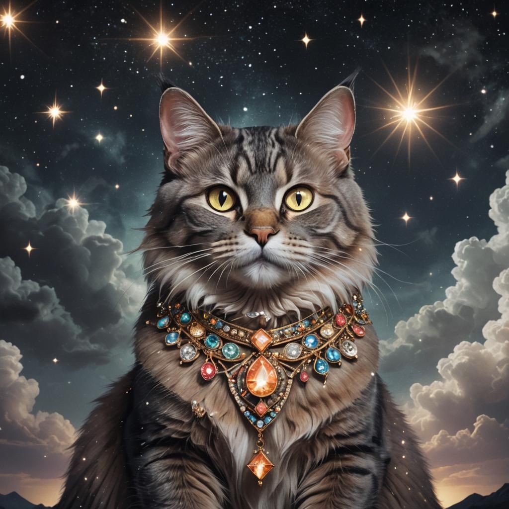 Depiction of magical cat wearing jewels shining in the dark sky