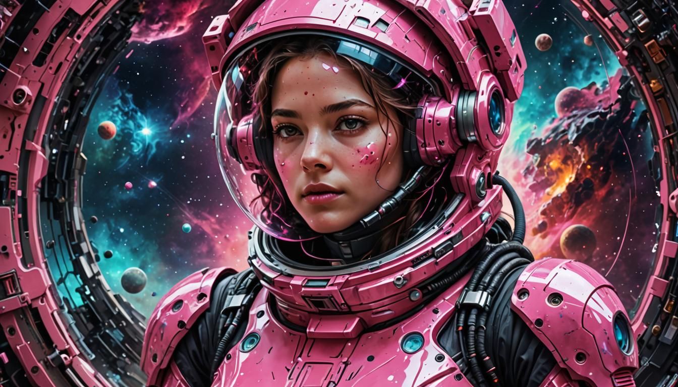 The Over detailed photo realistic digital art 64 megapixels super focused close up of a woman un Pink full-body space su...