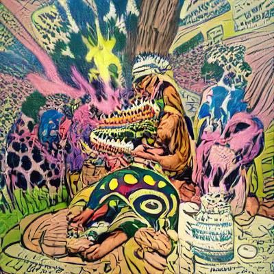Dinosaur shaman healing ritual, style of jack kirby psychedelic art