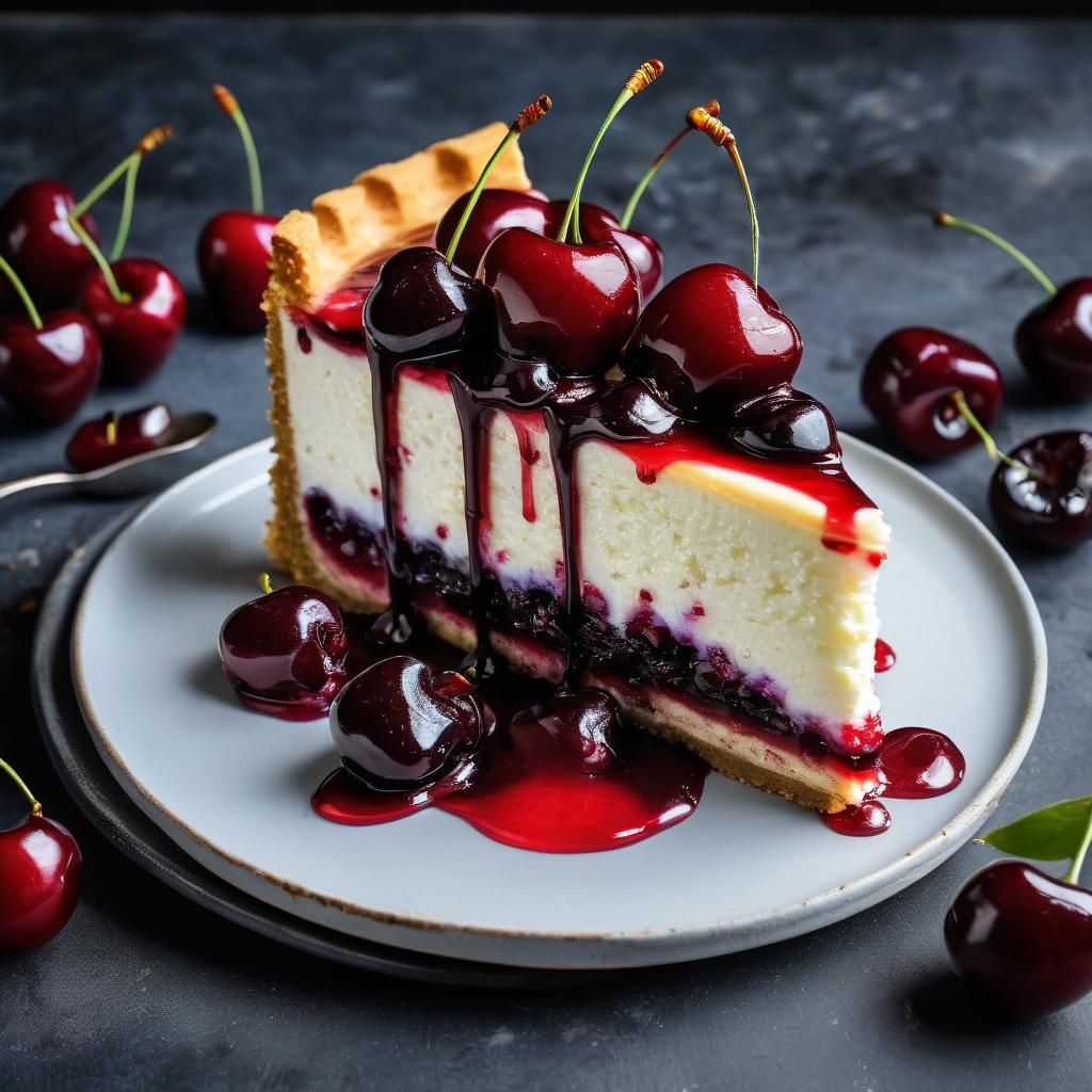 An absolutely stunning top chef cherry cheese cake slice with beautiful cherries and cherry pie filling dripping down th...