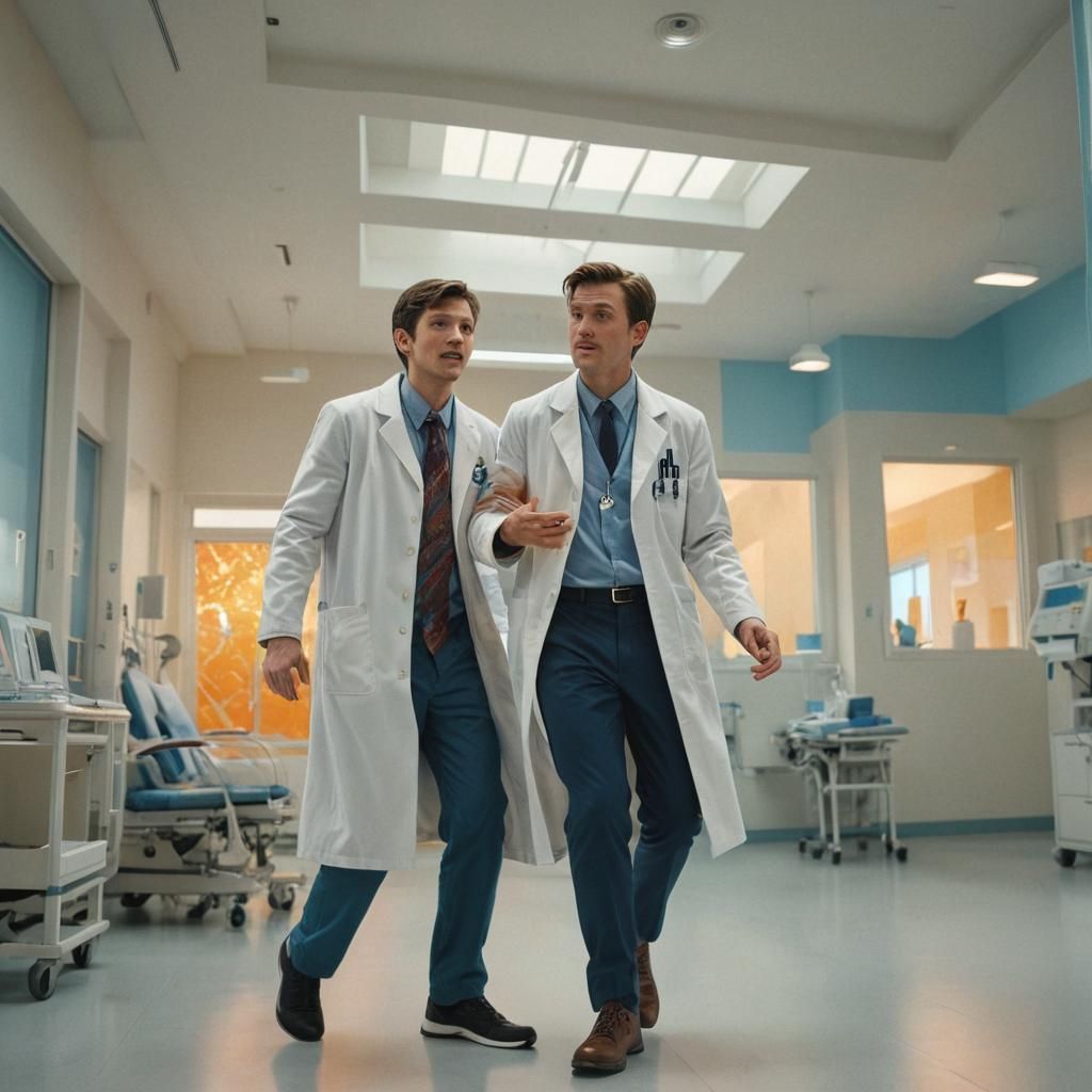 A doctor holding injection in his hand and boy crying loudly running  away  from the doctor and the background is in a h...