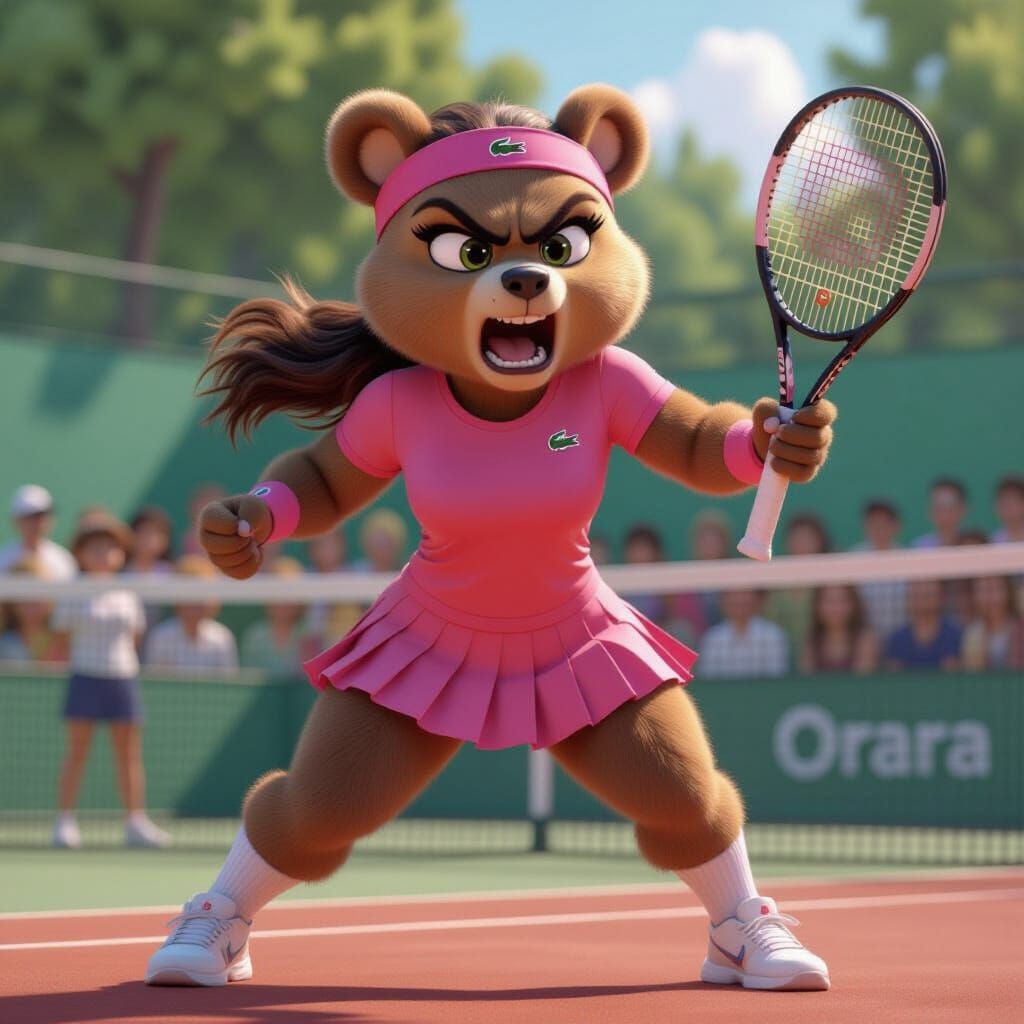 Bold anthropomorphic bear female tennis player approaching the net with her racket raised to score a ...  by @Helent