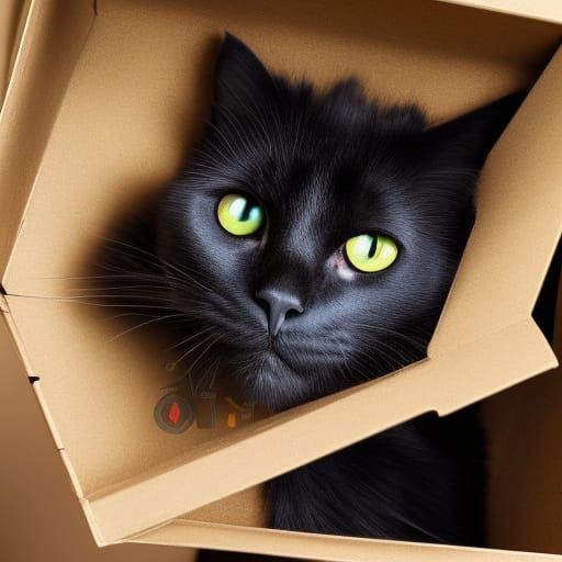 Fluffy black cat in a carton box, yellow eyes, hyperreal, hi...