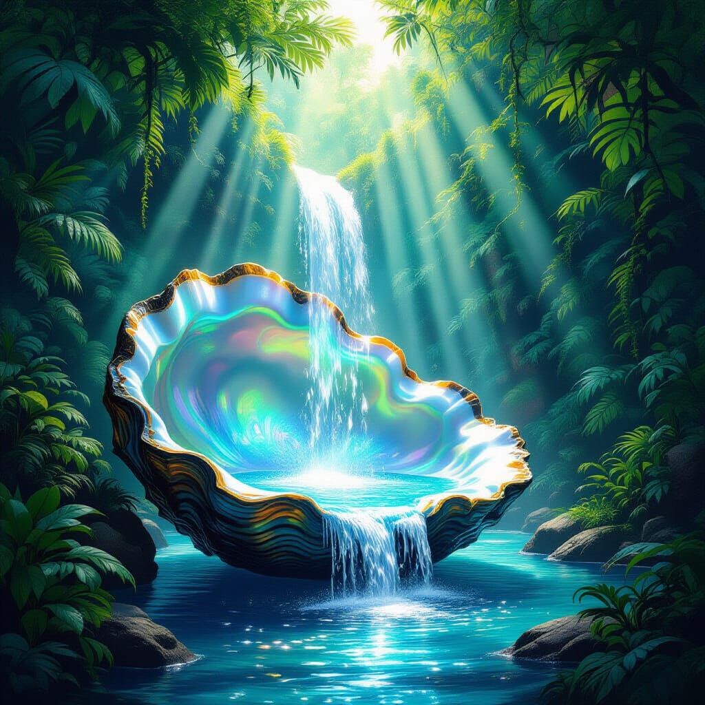 Jungle Waterfall Inside Giant Oyster Shell