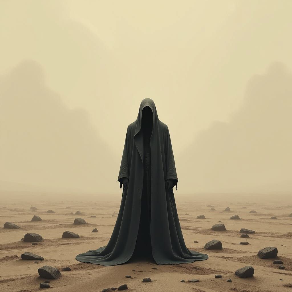 Lone Figure in Vast Deserted Landscape, Beksiński Style