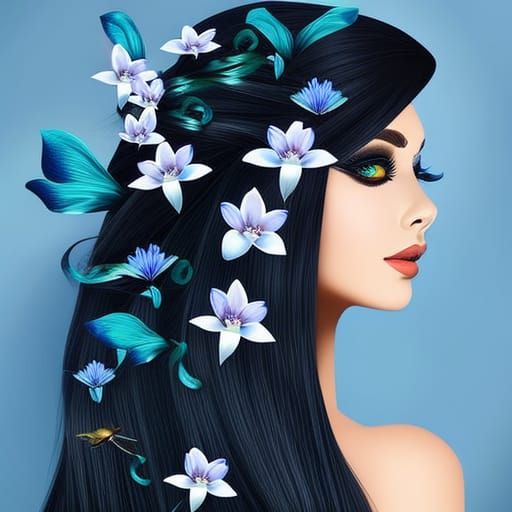 black hair with flowers