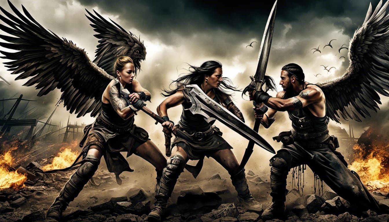 Angel Warriors with two wings tattoos piercings fighting in the ait" epic post-apocalyptic Dark Fantasy action masterpie...