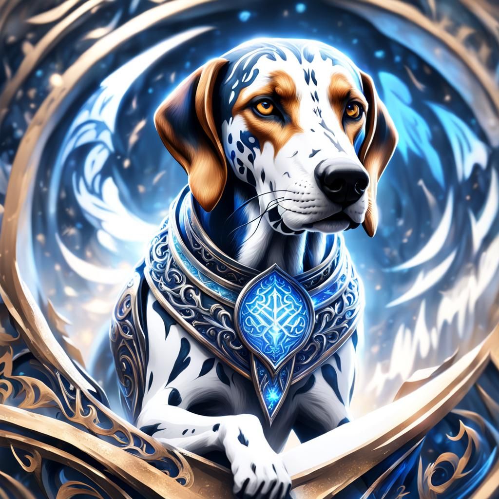 American Foxhound in Spectral Calligraphy style, with blue and silver calligraphic strokes that shift across the spectru...