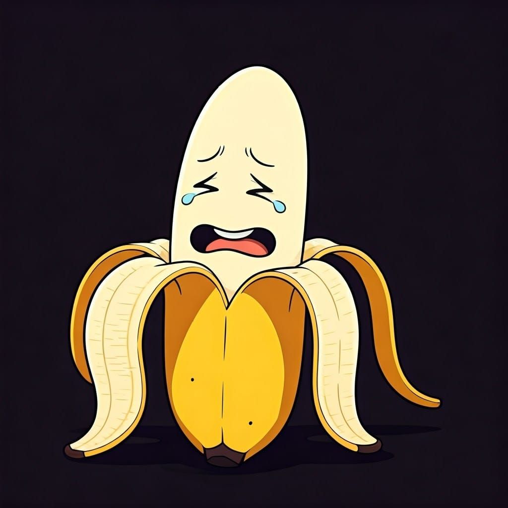 a cartoon peeled banana great big smile small tear coming out one eye, text bubble saying "peel better soon"