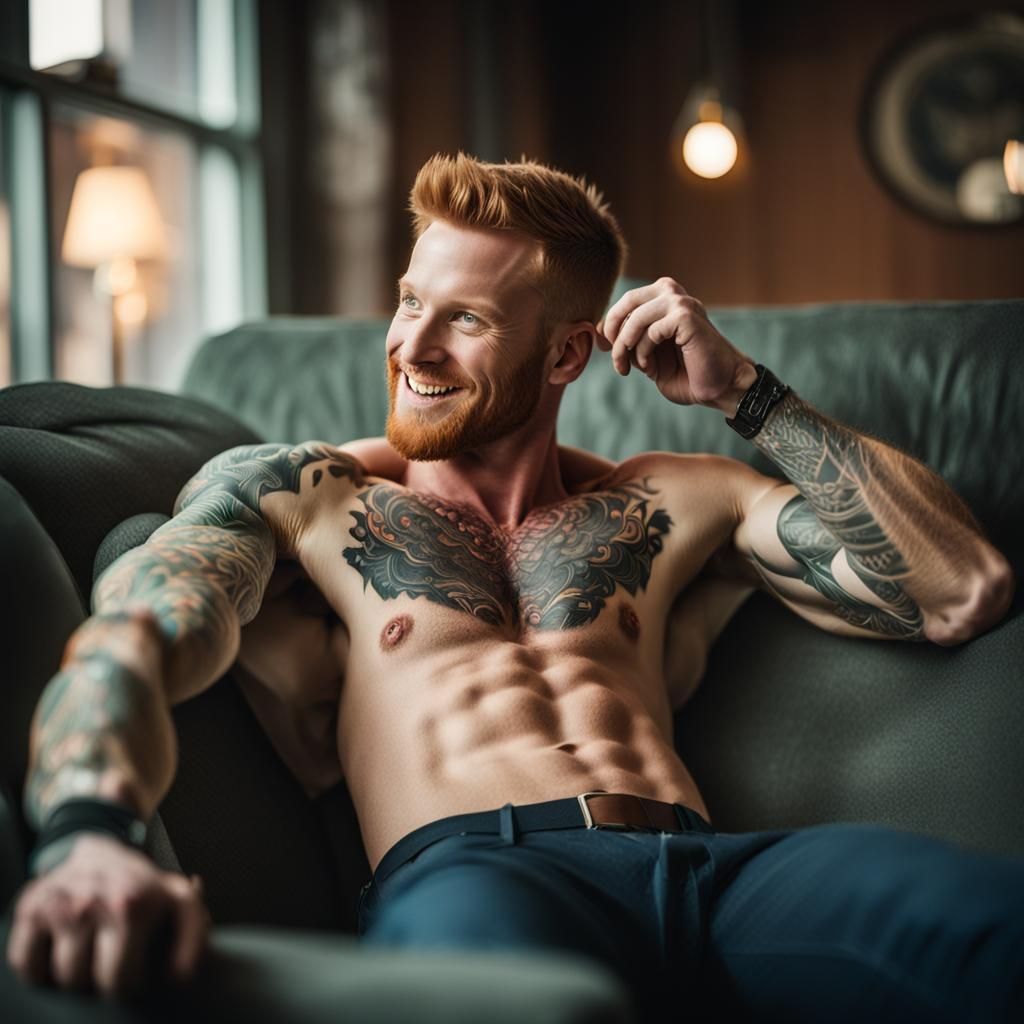 There is a ginger muscle gay guy laying on the sofa. He has tattoos on his left arm. He isn't wear any shirt. He is smil...