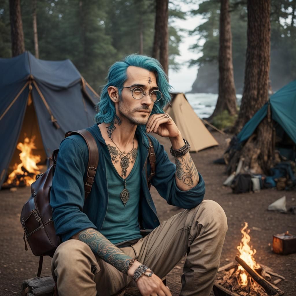 early 30's Elvish Male with druidic tribal body tattoos, Ocean Blue Hair, Circular Glasses, D&D Dark Travelers Clothes, ...