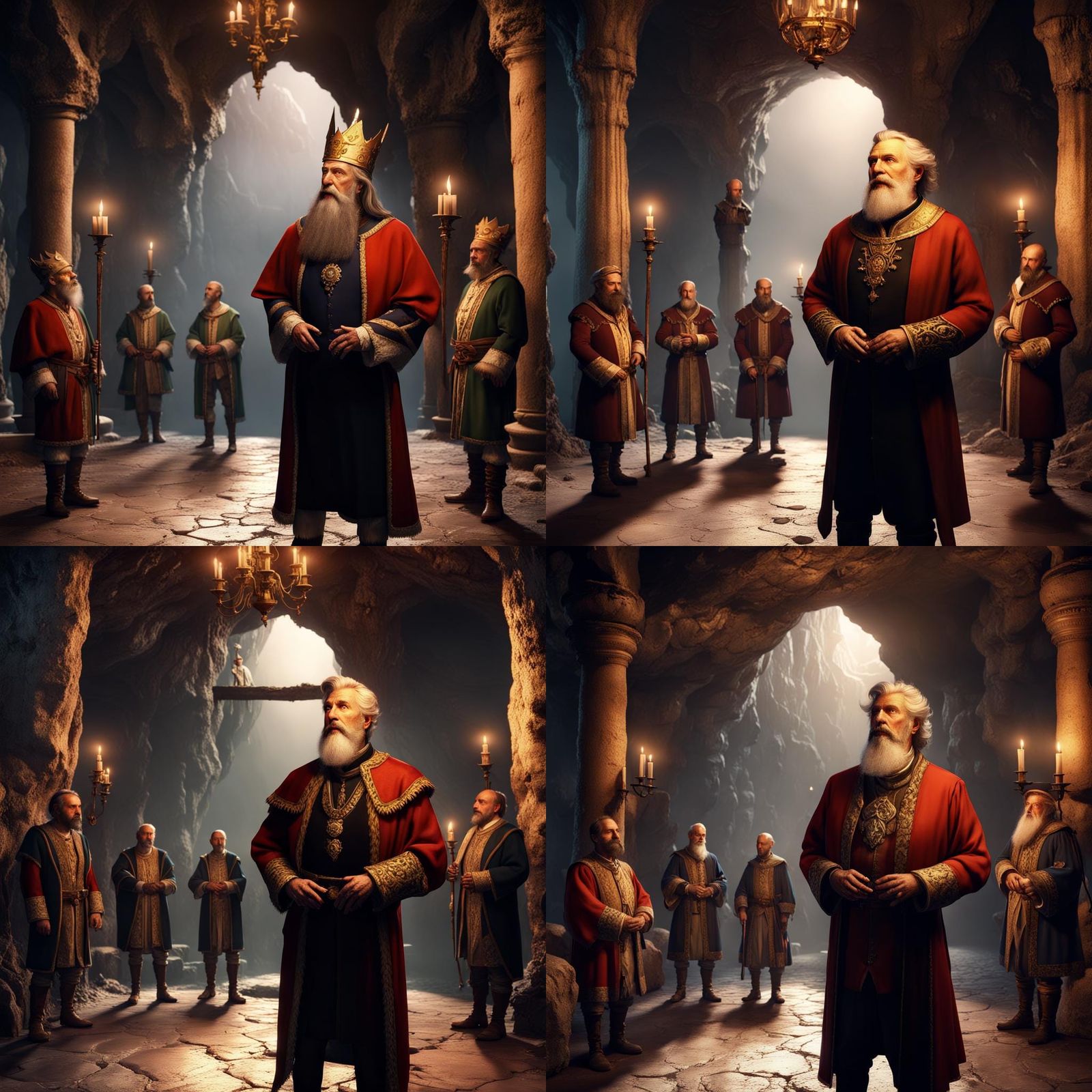 an old bearded elegant Venetian king  is talking to 4  gentlemen all standing before him, everybody is standing, in a da...