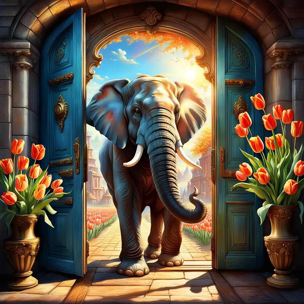 The elephant enters the open vintage doors with a bouquet of tulips, which he holds with his trunk, in the rays of the s...