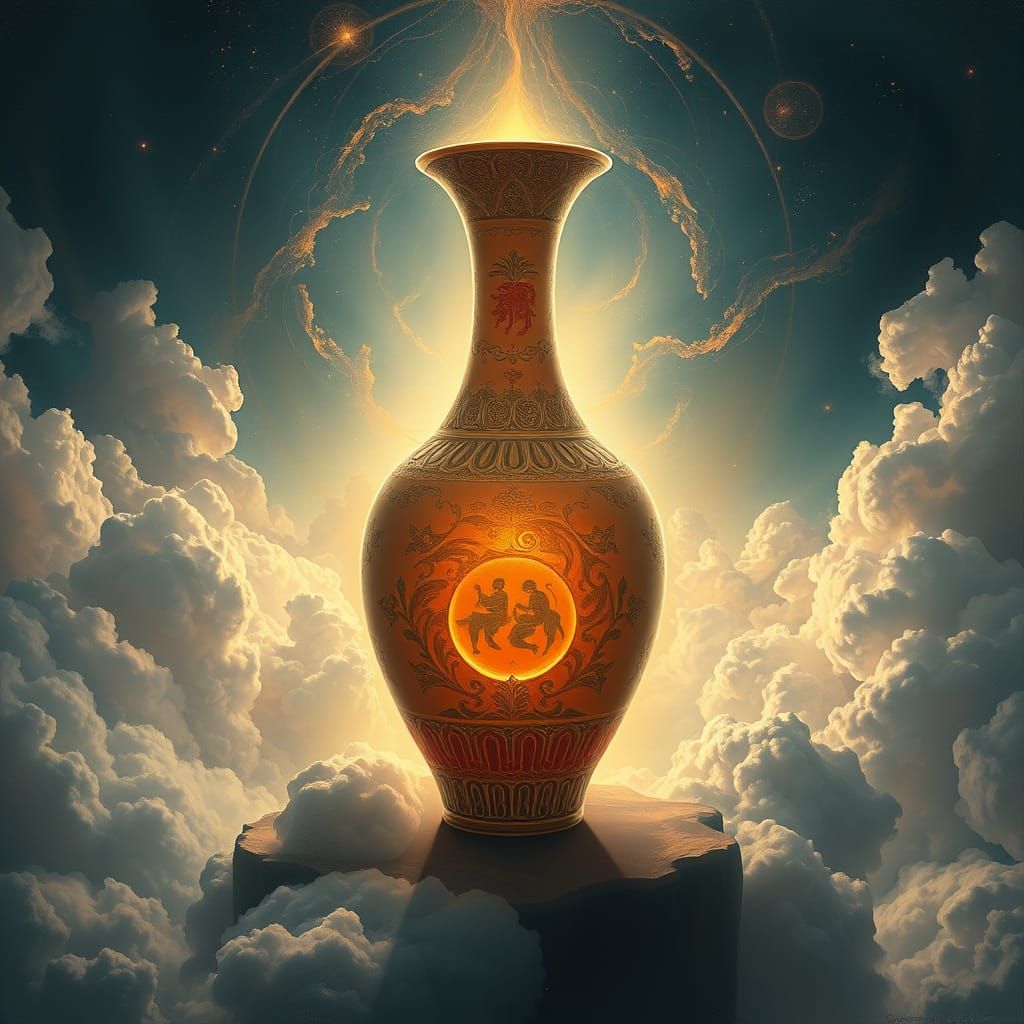 Ethereal Vase Illuminated by Celestial Ominous Clouds