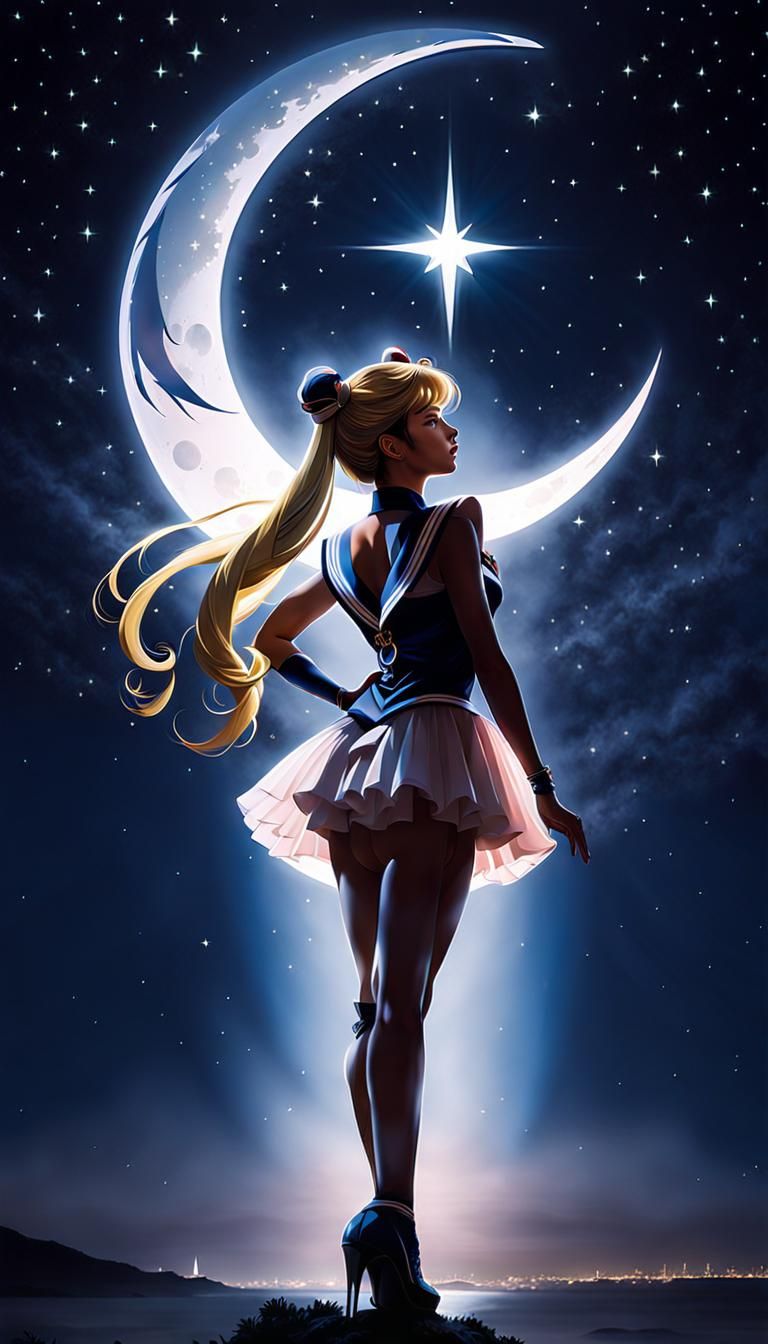 Double exposure of a crescent moon in front of a silhouetted, shadowy and transparent Sailor Moon in her famous pose, wi...