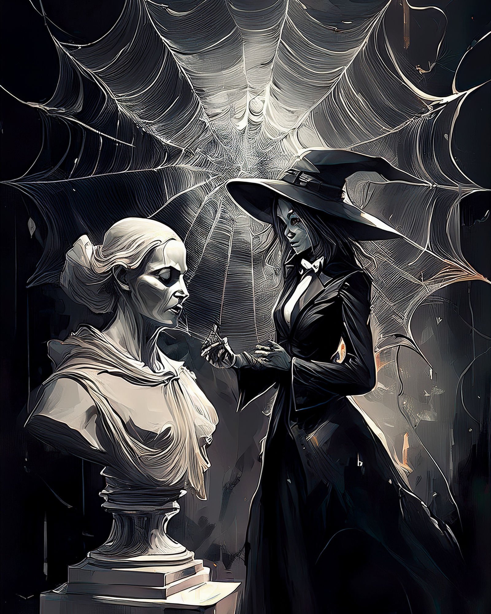 a captivating scene is staged a photorealistic witch