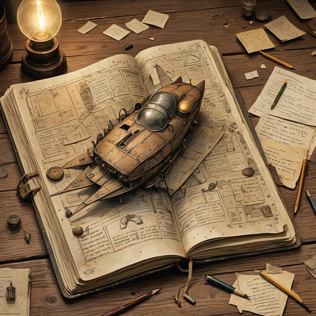 An old notebook, sitting on a rustic wooden table. It's open...